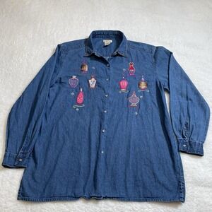 Bobbie Brooks Blouse XL Vintage Ladies Denim  Embroidered Cotton Shirt